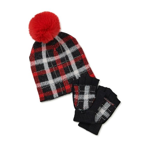 Holiday Time Women's Winter Stylish Plaid Red Black Hat and Gloves Set, 2-Piece - Picture 1 of 2